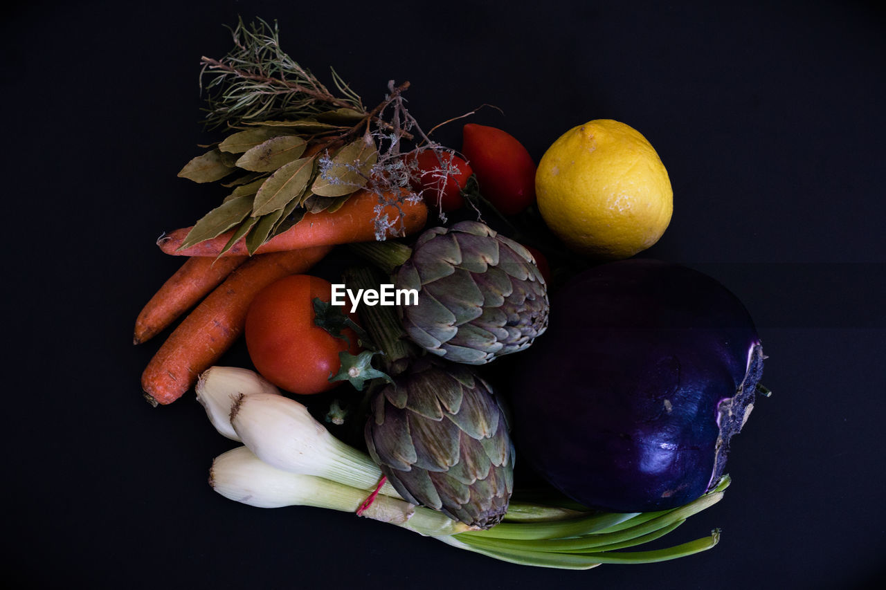 High angle view of vegetables on table