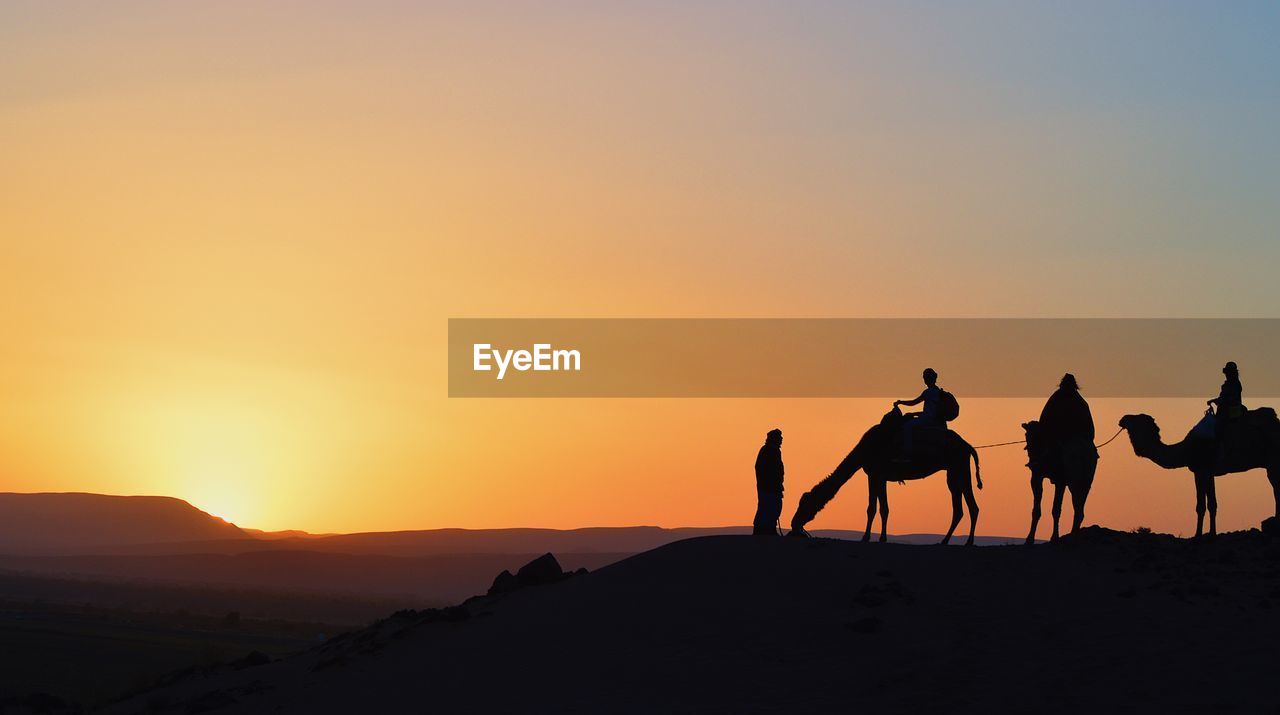 SILHOUETTE PEOPLE RIDING HORSES ON DESERT AGAINST SKY DURING SUNSET