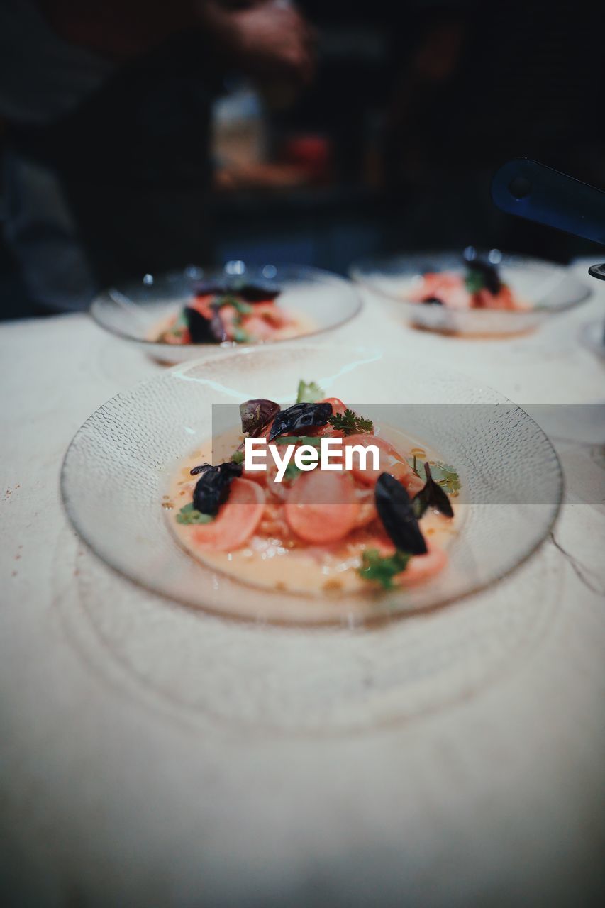 High angle view of food served on table