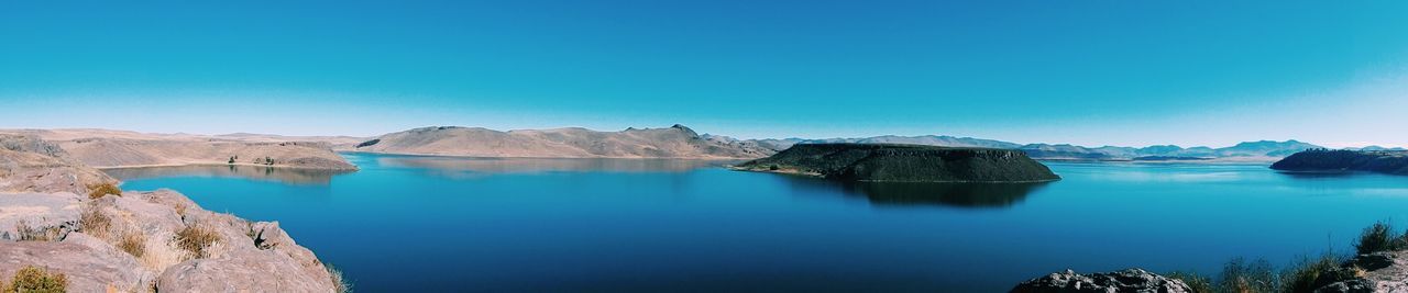 Panoramic view of lake and mountains against clear blue sky