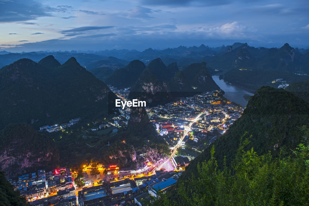 High angle scenic view of yangshuo and the river li