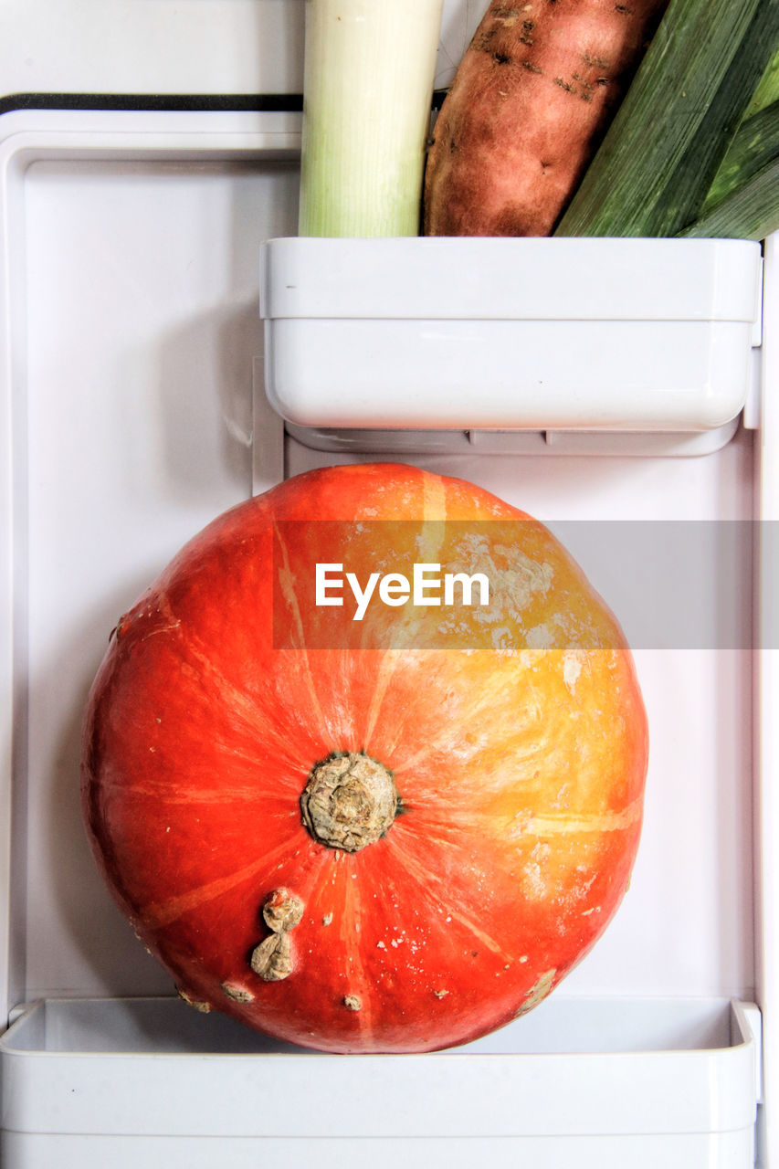 Close-up of pumpkin in refrigerator 