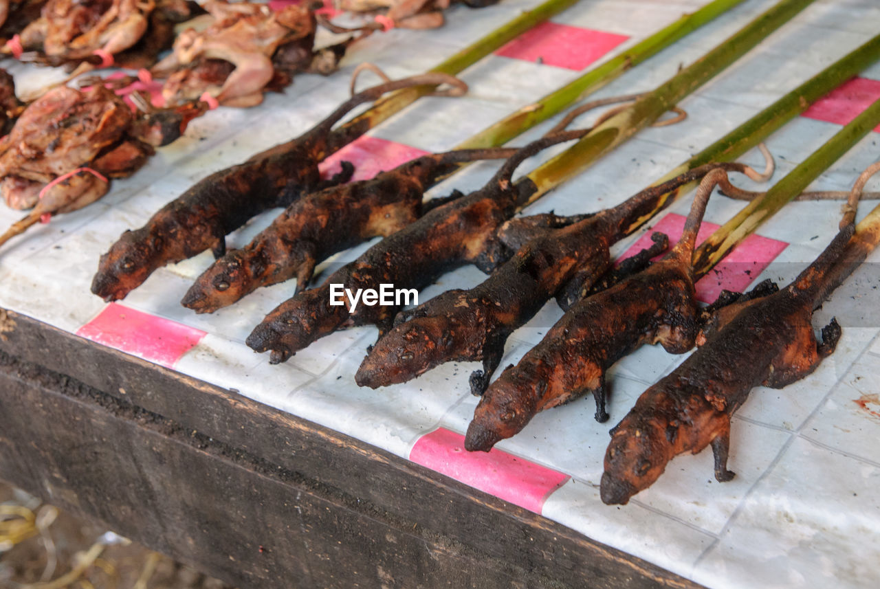 High angle view of meat for sale at market stall