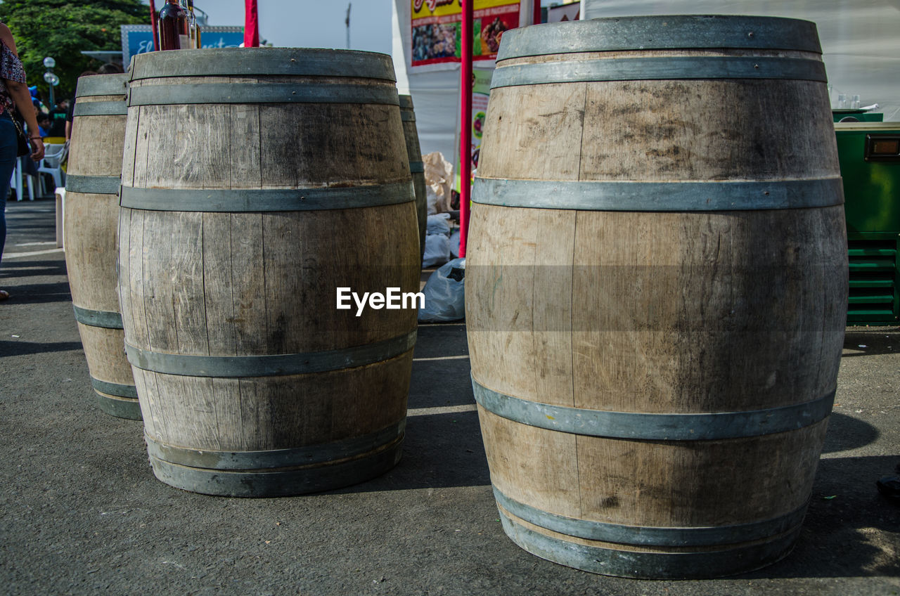 Close-up of wine casks outdoors