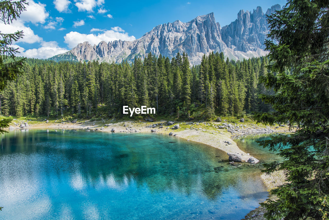 Enchanted panorama. lake of carezza. dolomites, italy