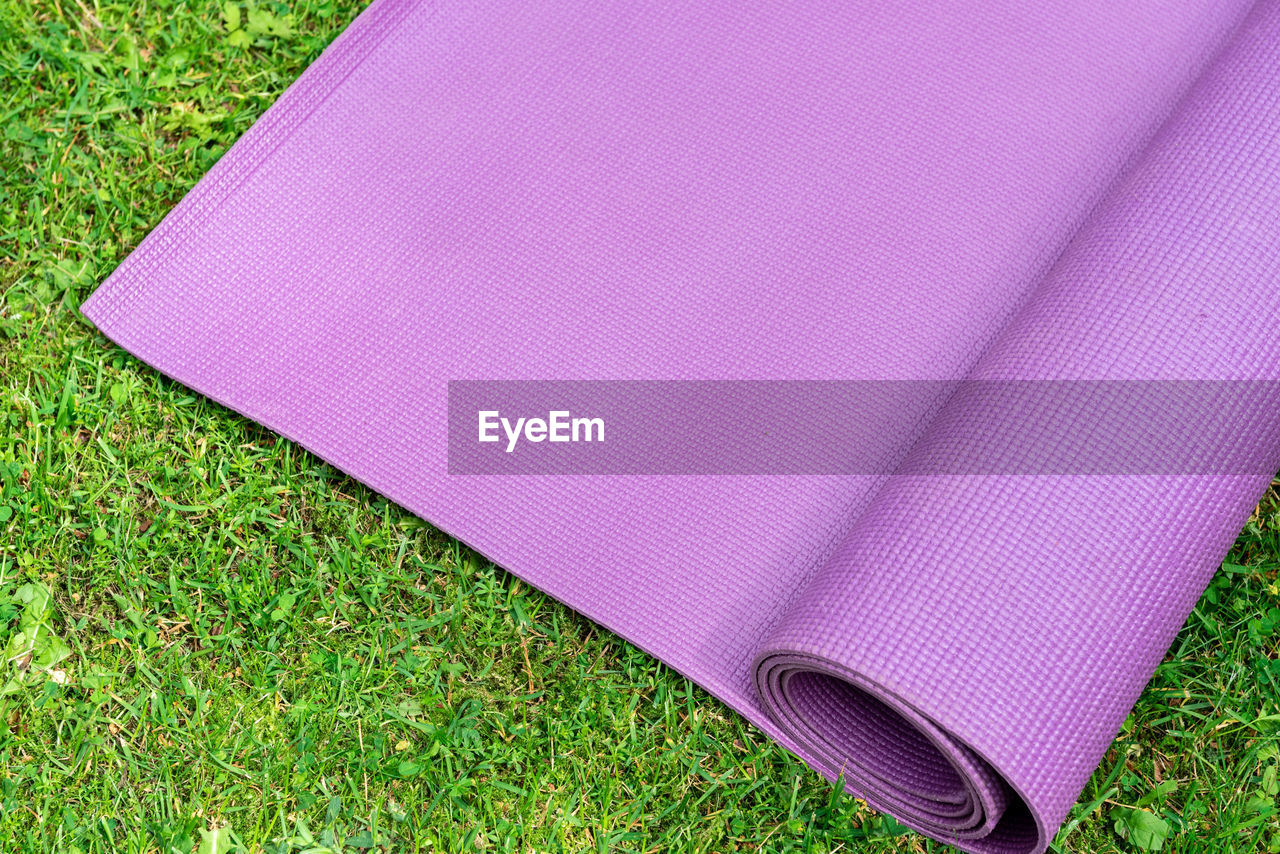 Fitness mat on the green grass background. copy-space
