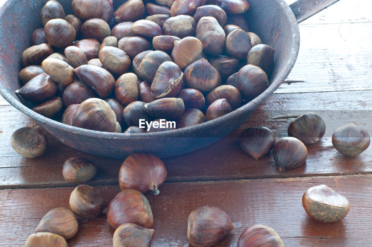 HIGH ANGLE VIEW OF COFFEE BEANS IN BOWL ON TABLE