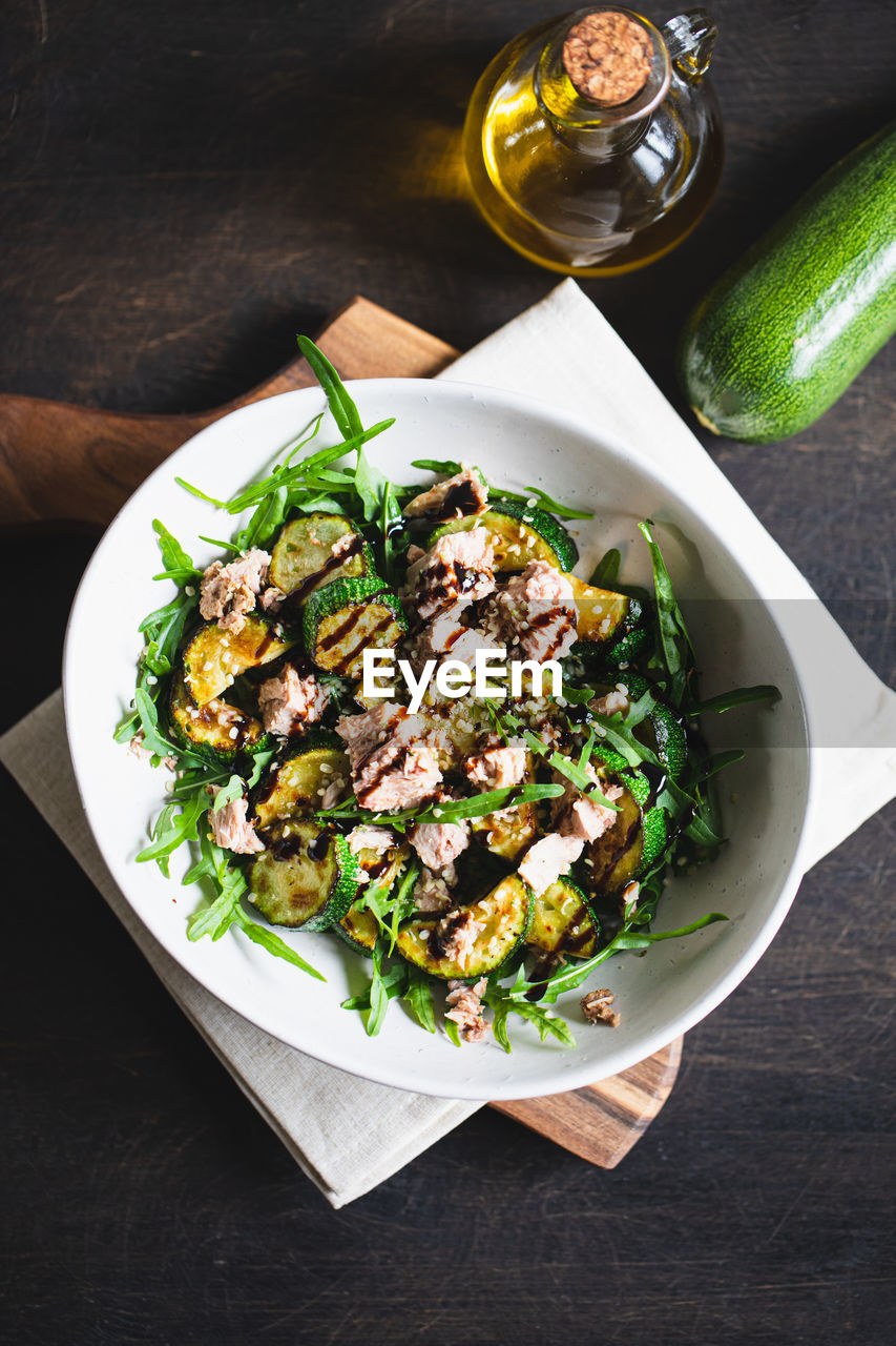 high angle view of food served in plate on table