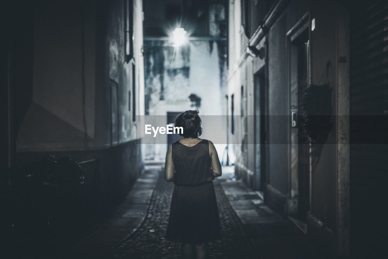 Rear view of woman standing in alley amidst illuminated buildings at night