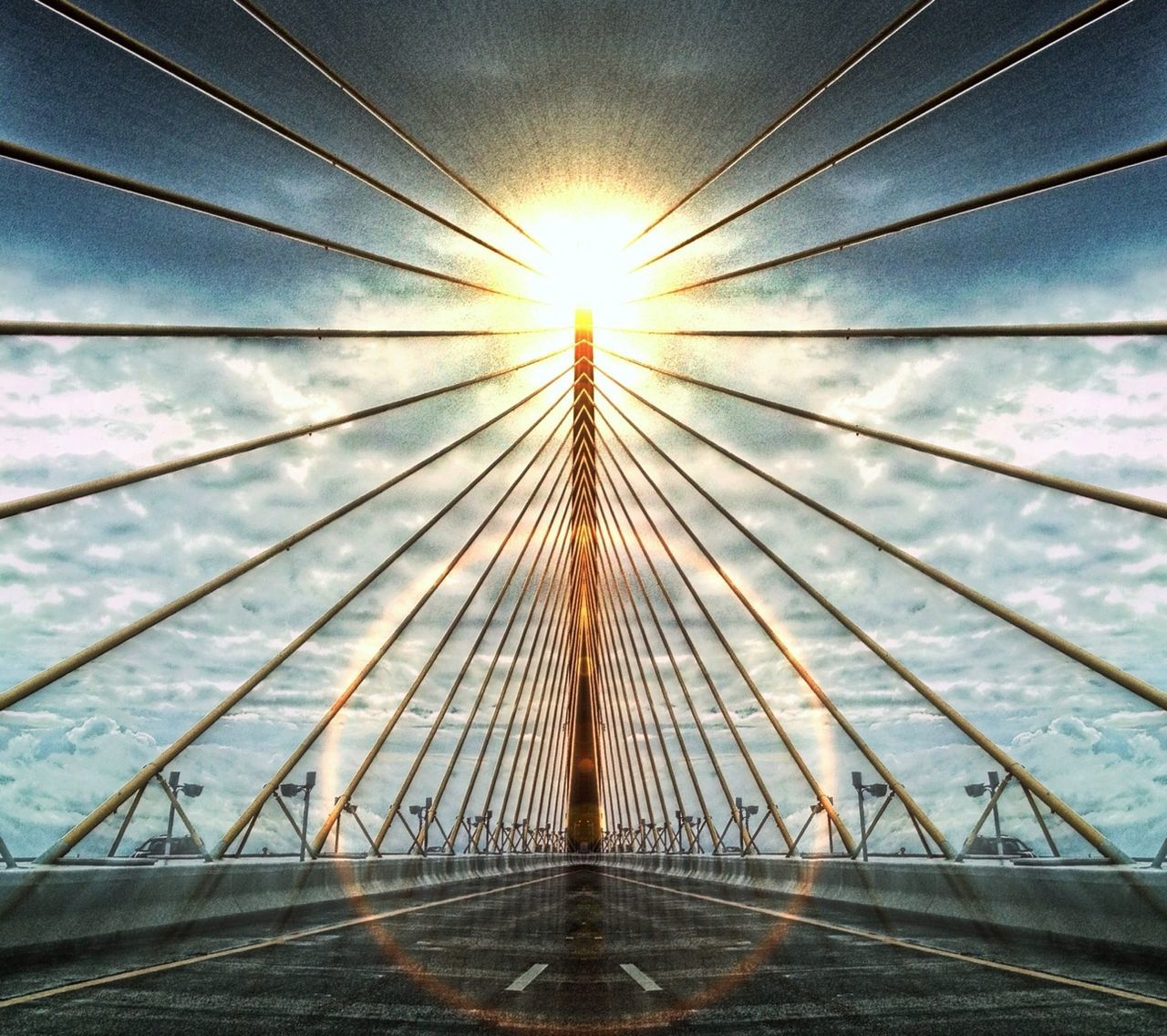 sky, sunlight, bridge, built structure, architecture, nature, no people, transportation, line, suspension bridge, light, reflection, cloud, cable-stayed bridge, day, outdoors, water, sun, sunset, lens flare, metal, city, cable, the way forward, low angle view, travel, travel destinations, diminishing perspective