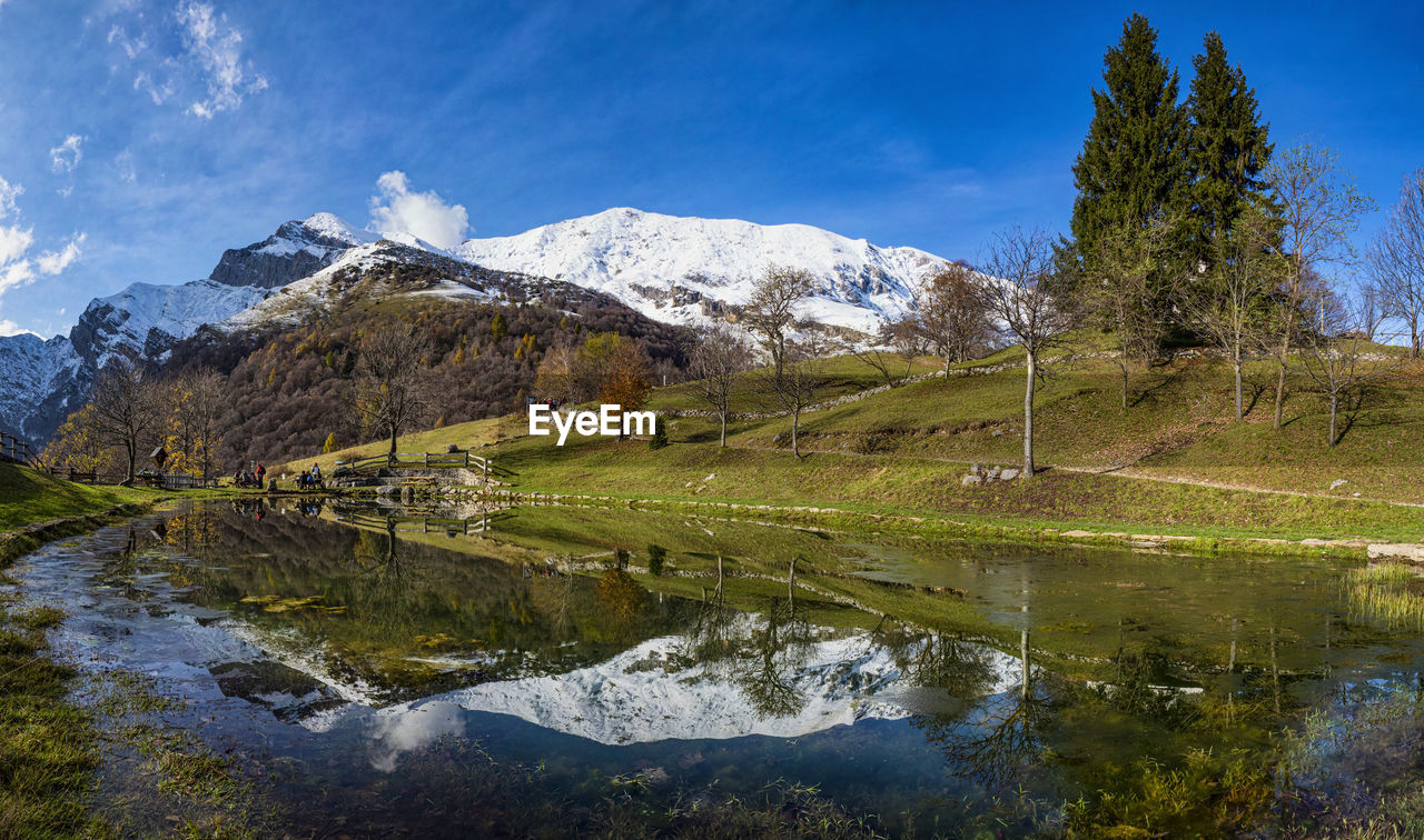 Scenic view of lake by trees against sky