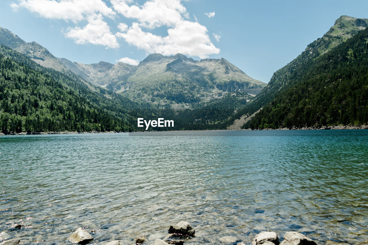 Scenic view of lake and mountains against sky