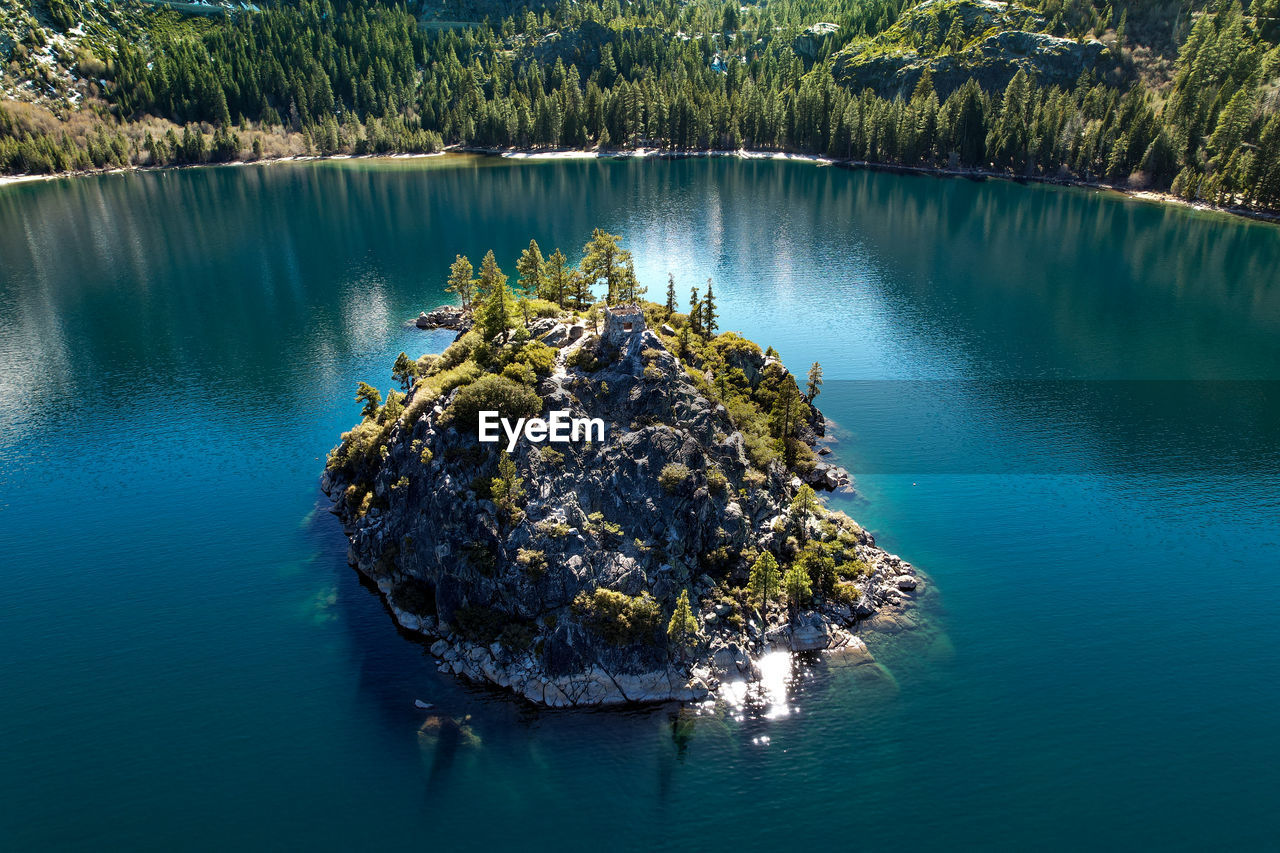 Aerial view of the island in the emerald bay