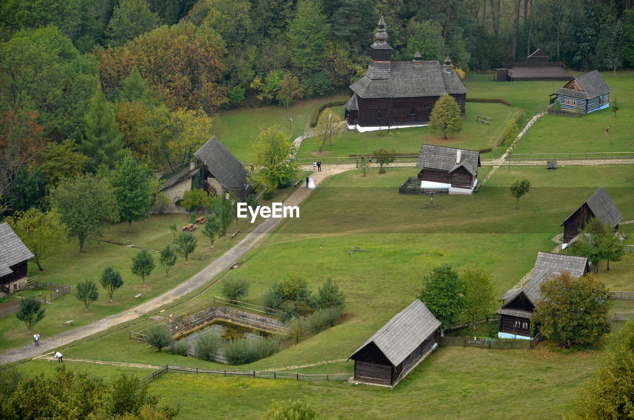 High angle view of trees and houses on field