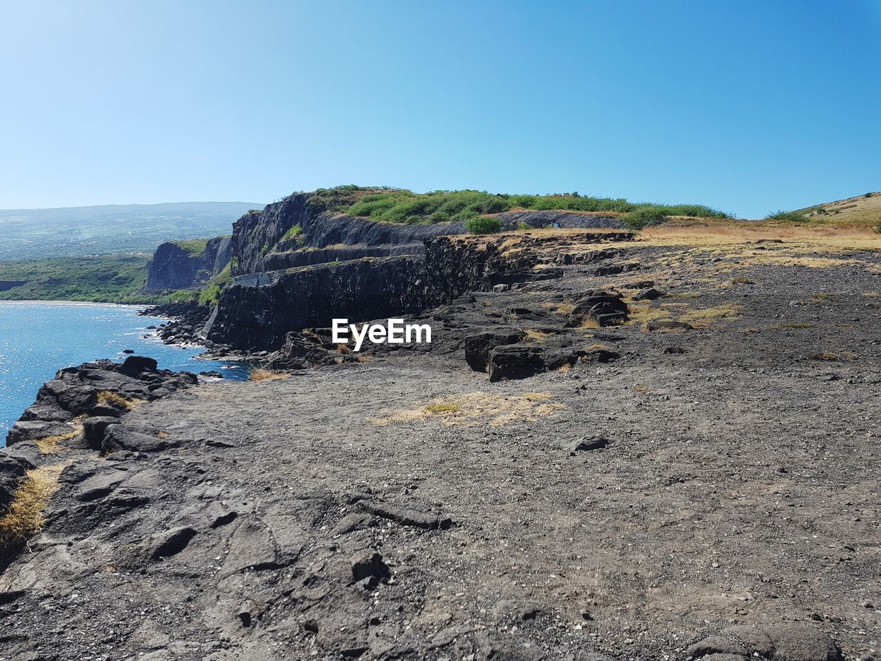 ROCKS ON SHORE AGAINST CLEAR BLUE SKY