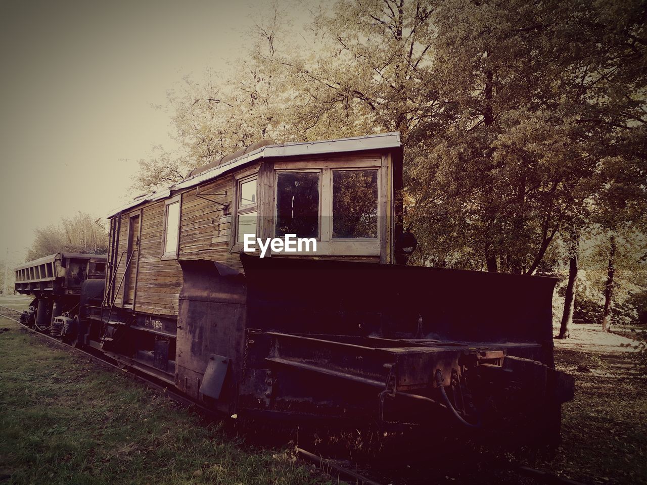 ABANDONED TRAIN AGAINST TREES