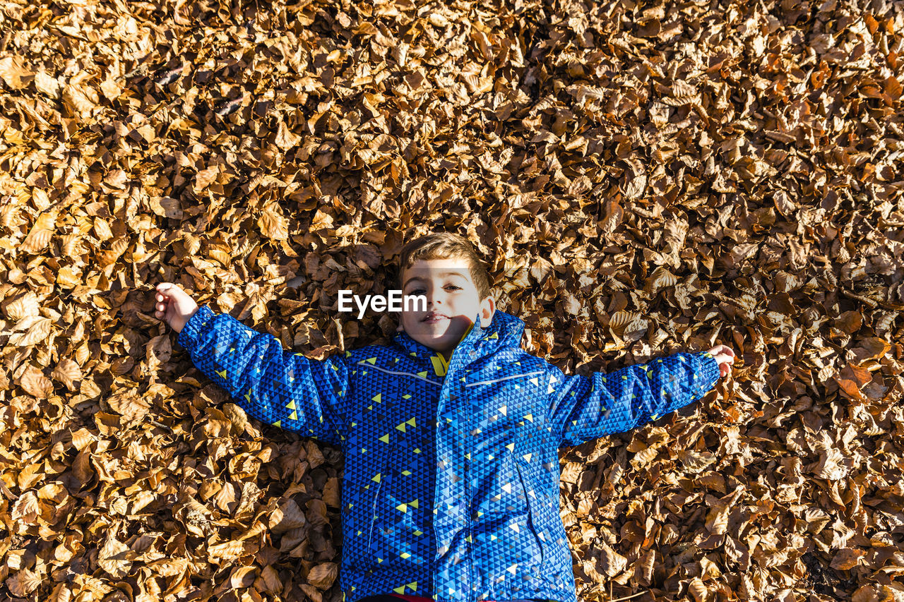 High angle portrait of boy lying on dry leaves during autumn