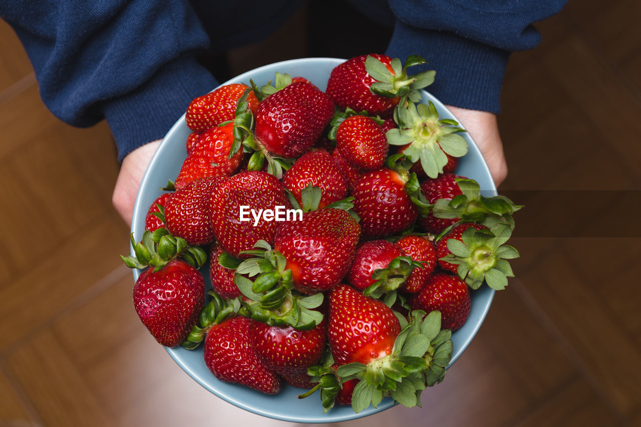 Midsection of person holding strawberries