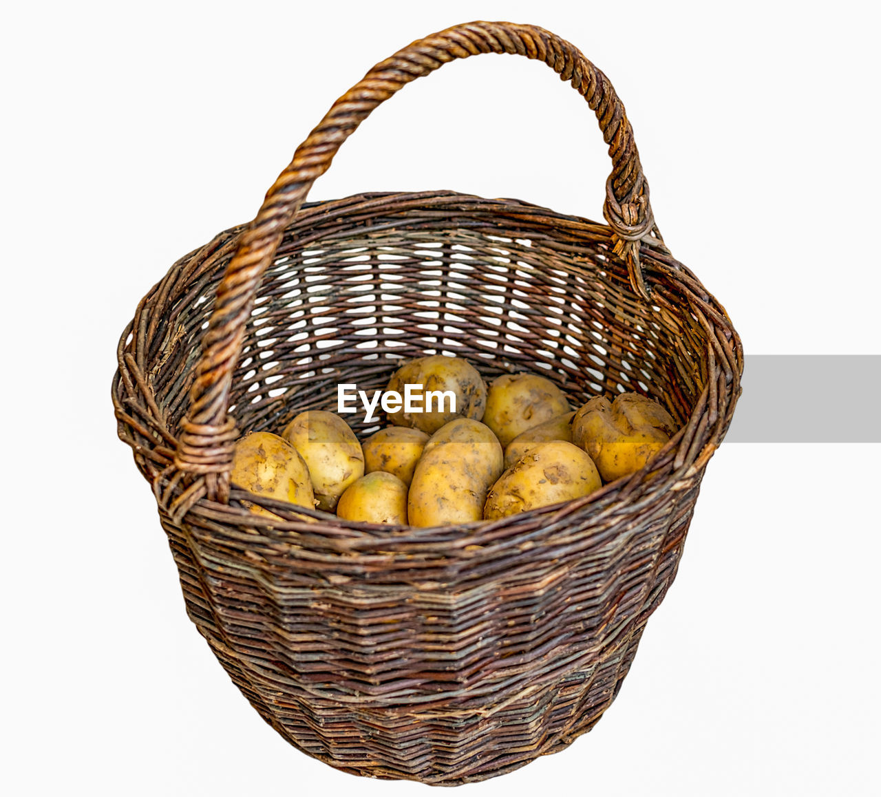 Harvested potatoes in an old wicker basket