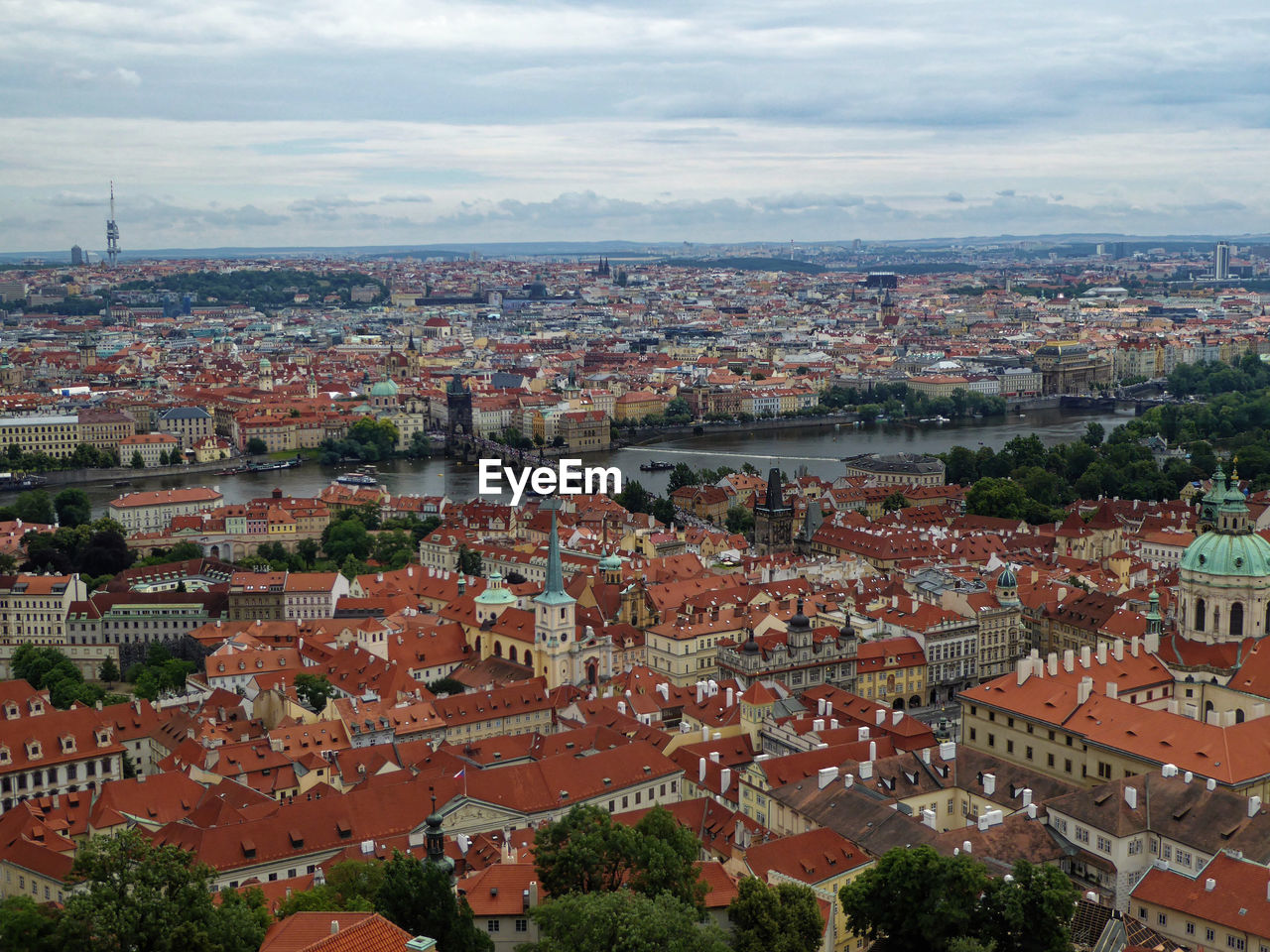 High angle shot of townscape against sky