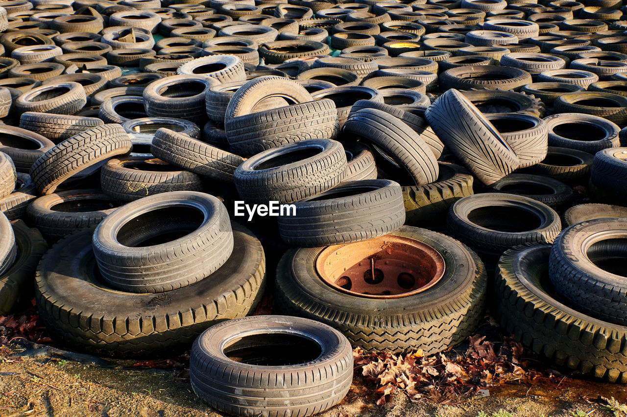 High angle view of abandoned tires