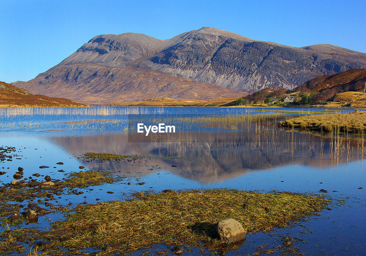 Scenic view of lake and mountains against sky