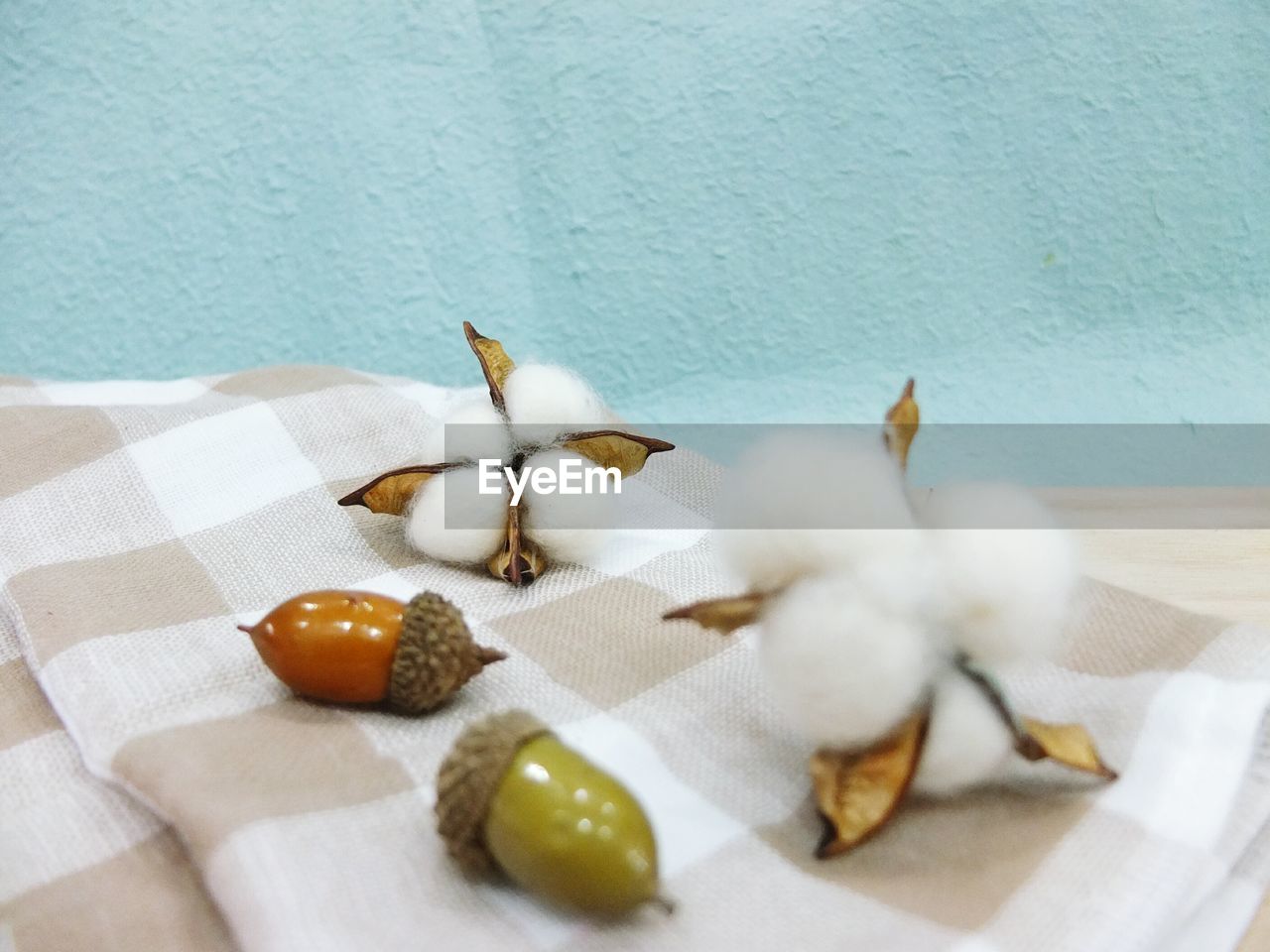 Tree fruit on checkered towel
