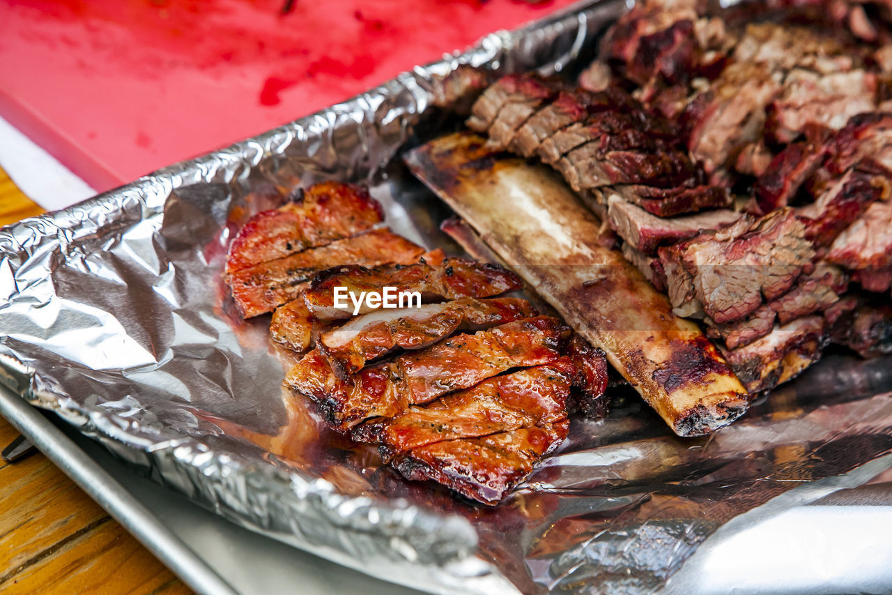 Close-up of beef ribs on table