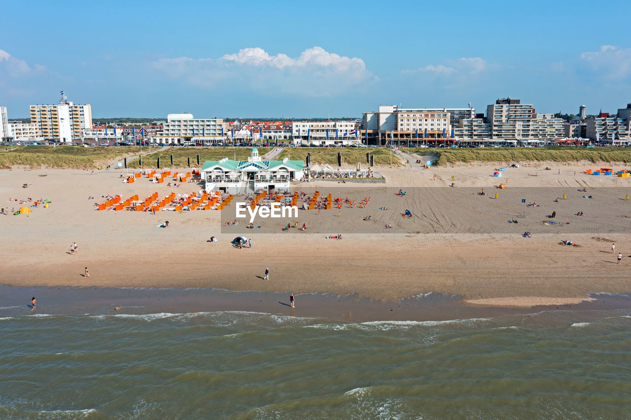 Aerial from the beach in noordwijk aan zee in the netherlands on a beautiful summer day