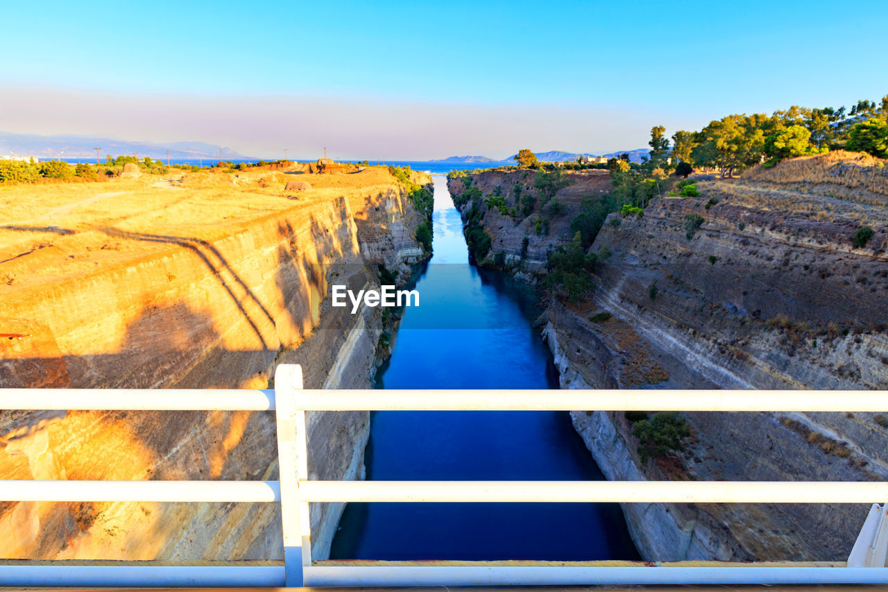 Aerial view of the corinth canal in greece, the shortest european canal 6.3 km long, 