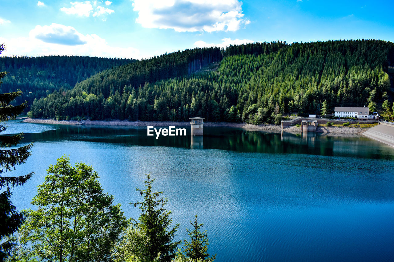 Scenic view of lake against cloudy sky