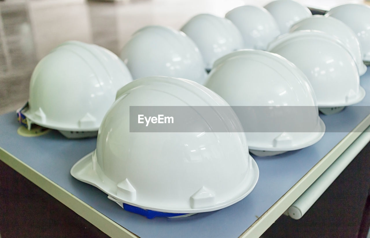 Close-up of hard hat on table