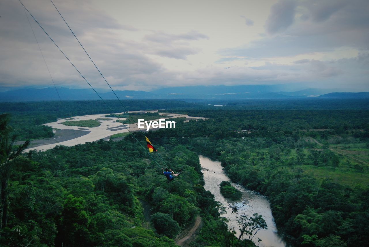 HIGH ANGLE VIEW OF LANDSCAPE AND MOUNTAINS AGAINST SKY