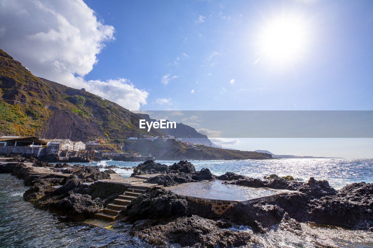 Scenic view of sea and mountains against sky