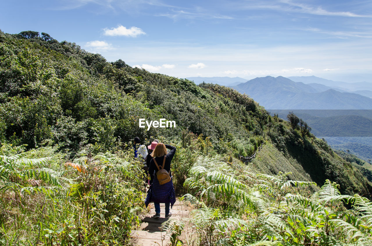 Rear view of people hiking on mountain against sky