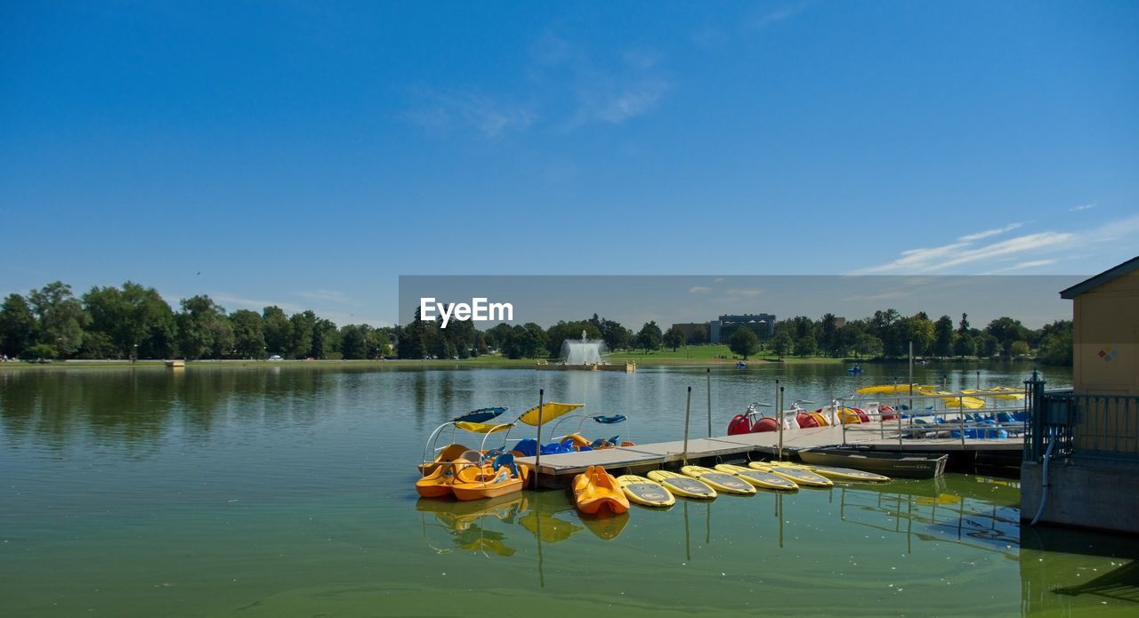 Boat moored in lake against sky