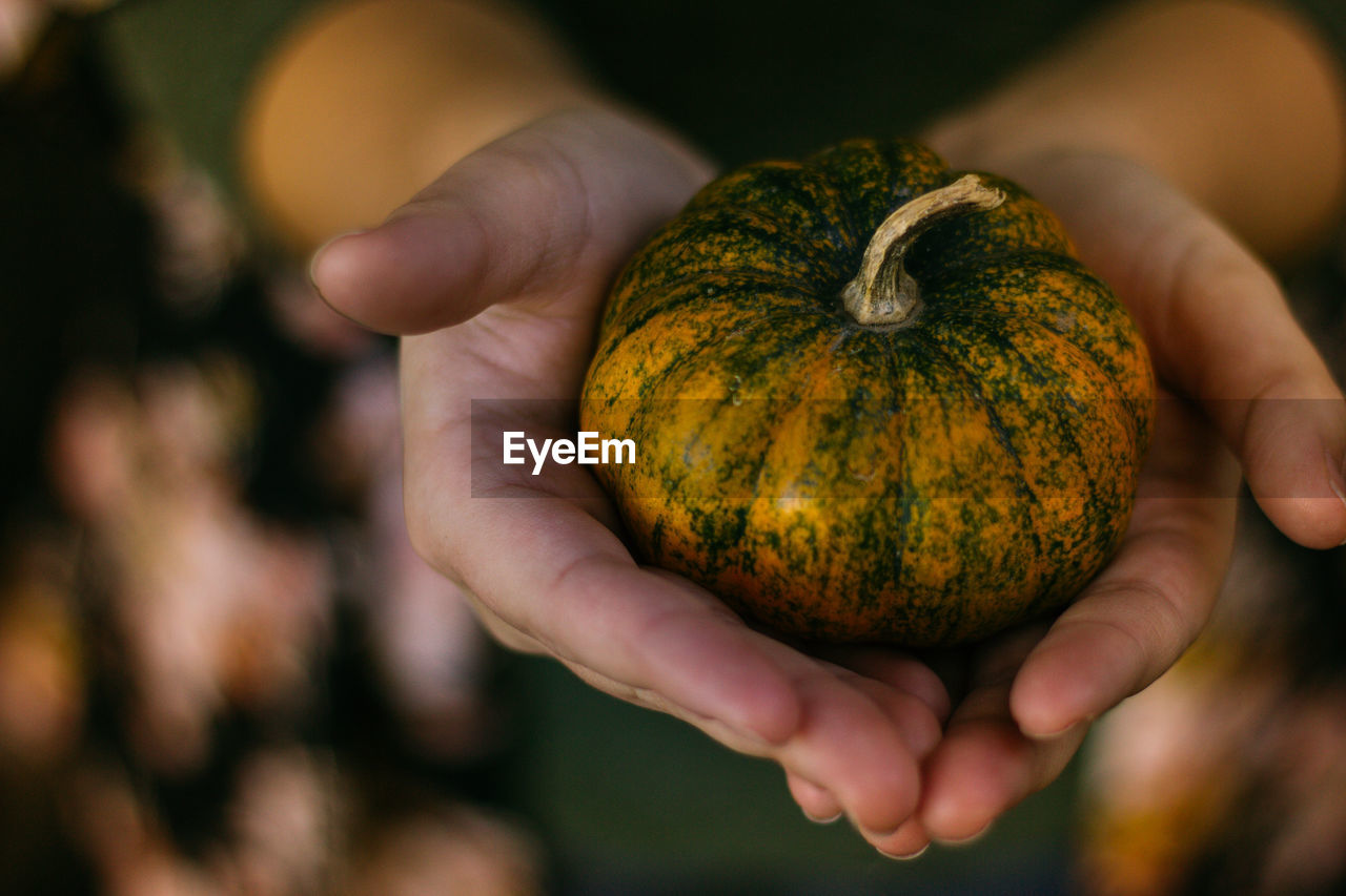 Midsection of man holding pumpkin