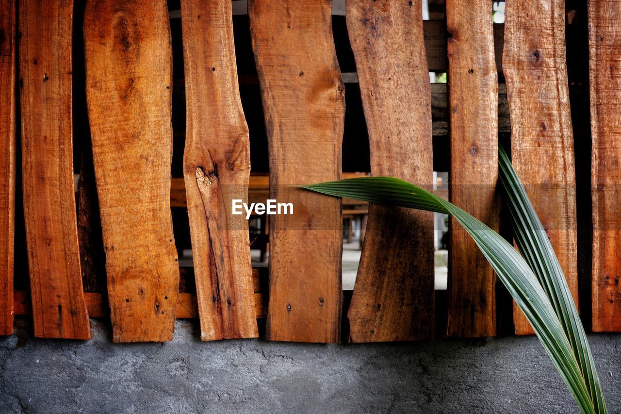 Close-up of wooden fence against wall