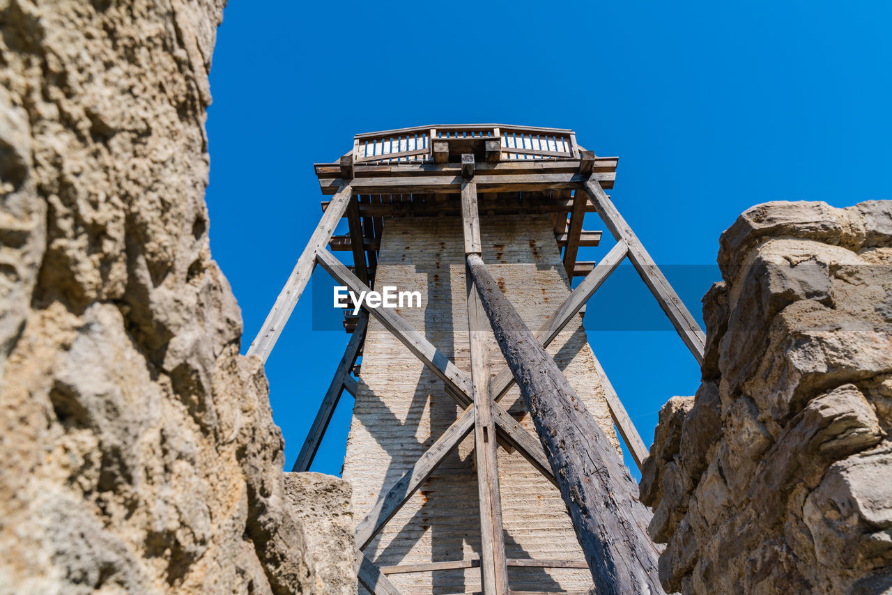 Low angle view of old building against clear blue sky