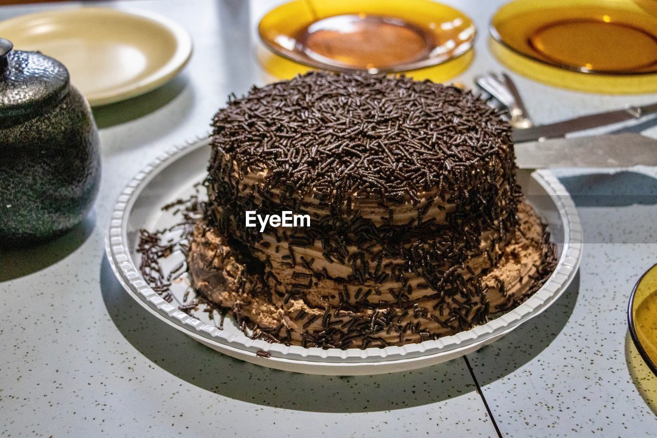 High angle view of dessert in plate on table