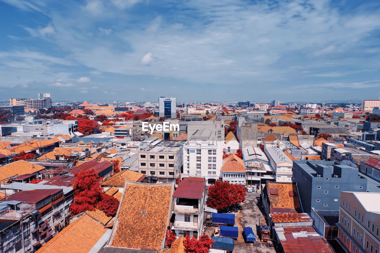 High angle view of townscape against sky