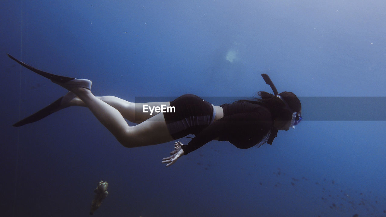 Young woman free diving and swimming in sea wearing diving equipment like a dive mask and flippers