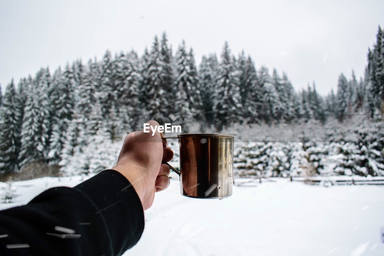 Cropped hand holding mug during winter