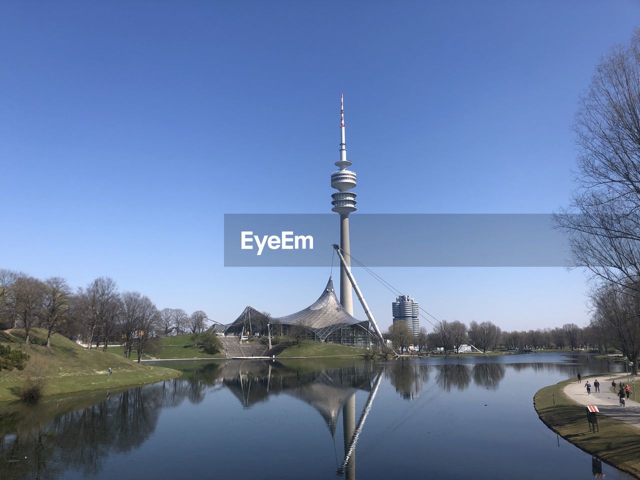 Reflection of communications tower in water