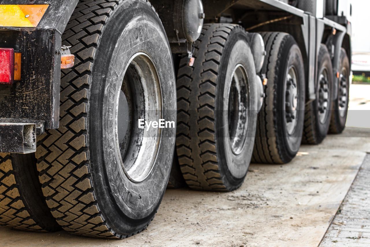 Row of rubber semi-truck tires