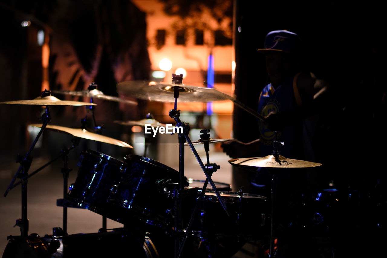 Drum kit on stage during popular music concert