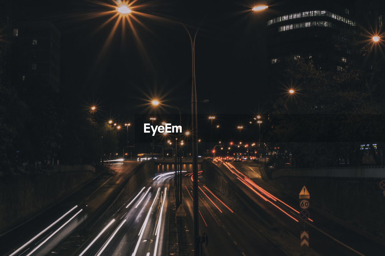 Light trails on road at night