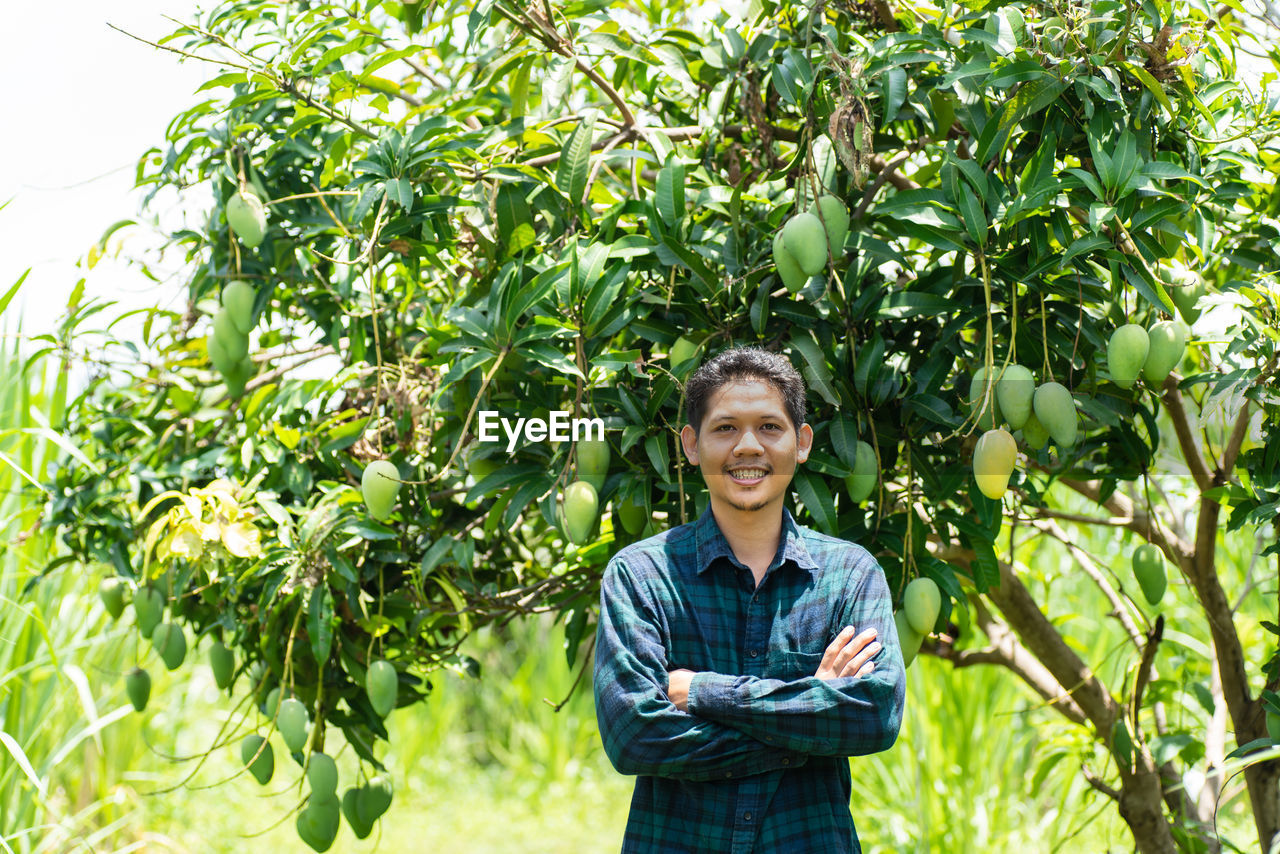 Portrait of smiling farmer with arms crossed standing against mango tree at farm