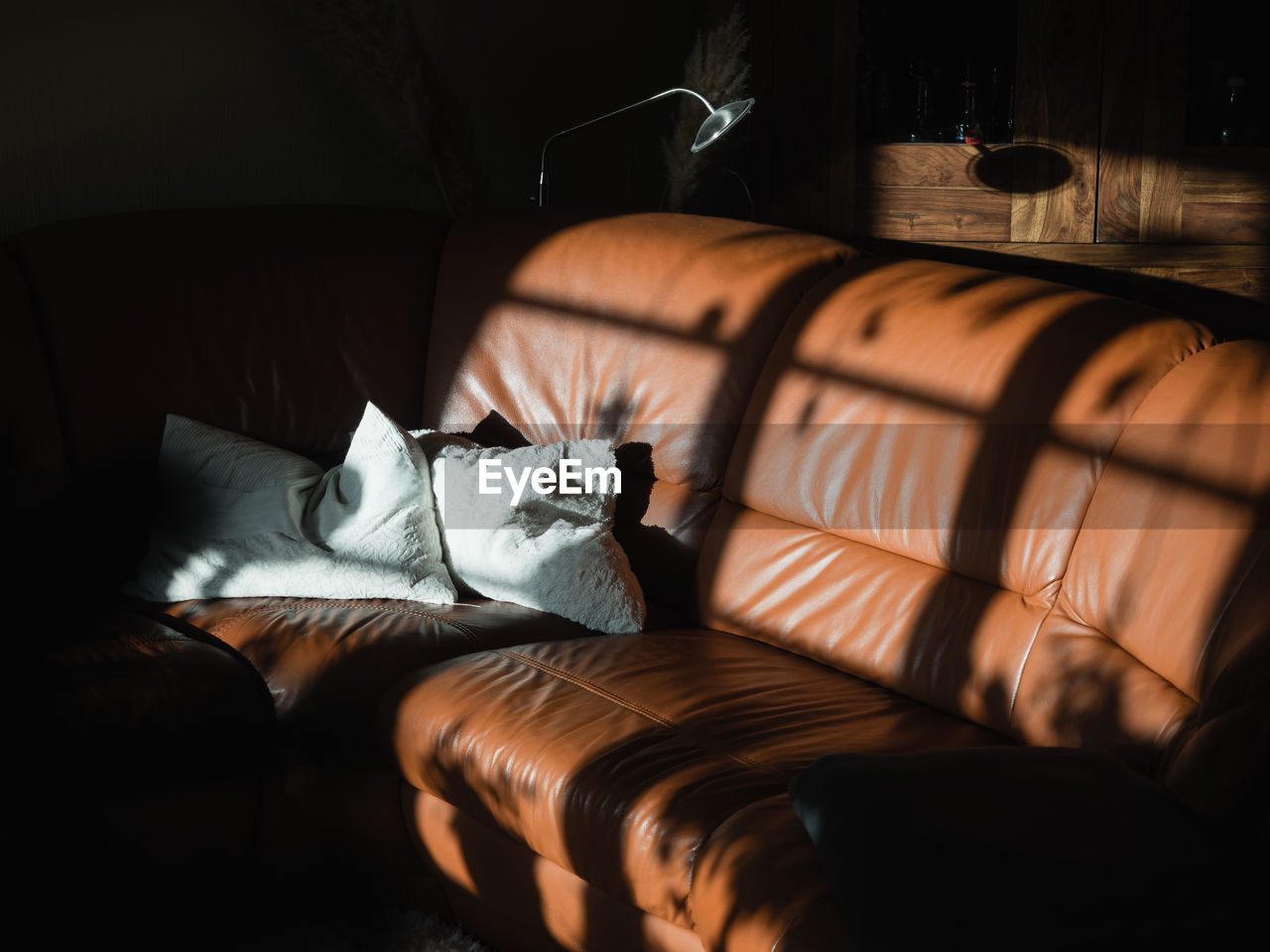 Sun and shadow on sofa indoors