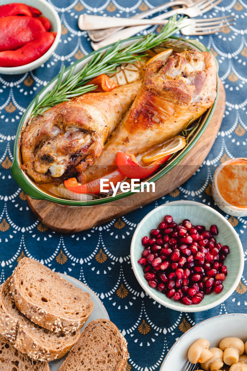 High angle view of food served on table